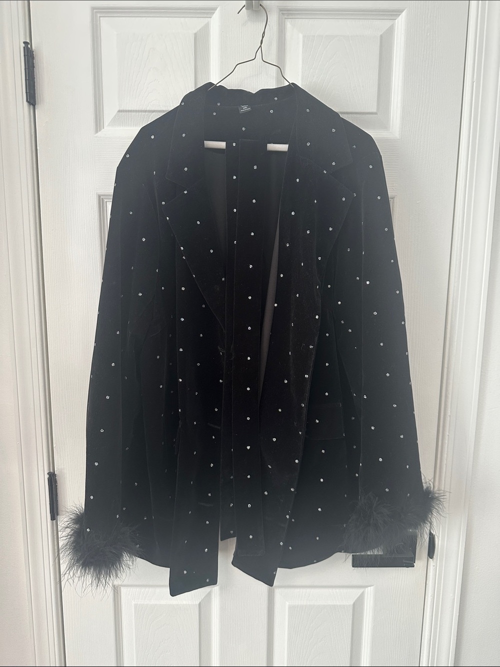 Black Velvet Faux Feather Cuff Jacket with Crystal Accents worn once